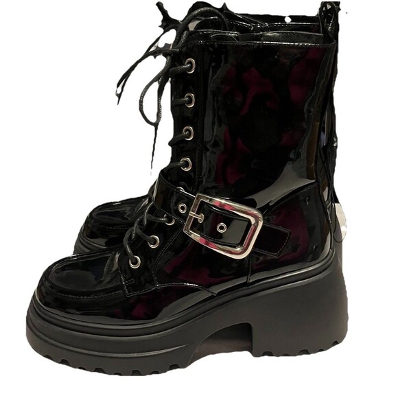 Forever 21 Black Patent Combat Boots Chunky Platform Lug Sole Lace Up Zip Size 8 - Picture 3 of 11